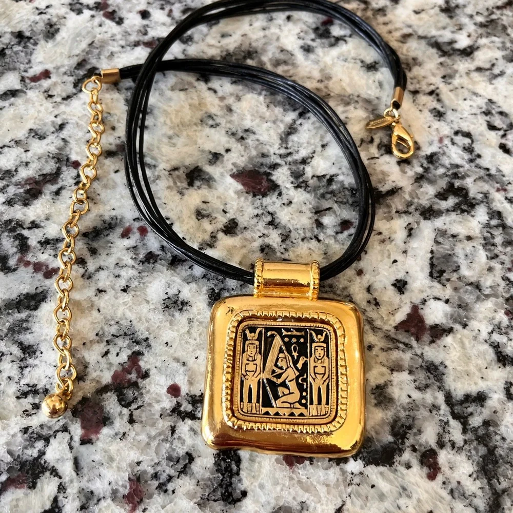 N288 Signed CHICO'S Gold EGYPTIAN Motif Square Pendant on 18" black rope group - Picture 2 of 6